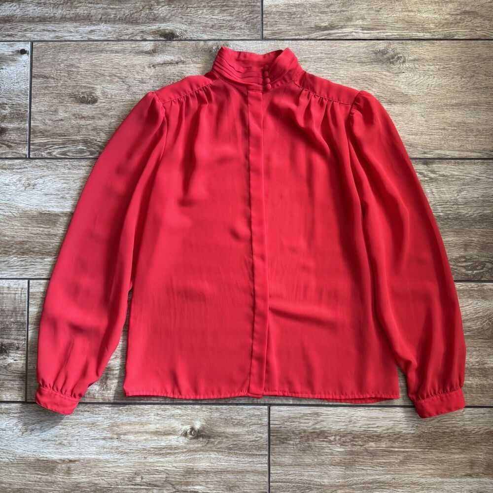 Vintage Red Sheer Blouse Mock Neck Size 10 - Picture 10 of 12